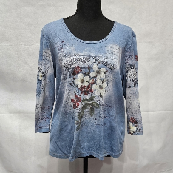 Dress Barn Vintage Roses Floral Embellished 100% Cotton Pullover Top Sz 1X - Picture 1 of 7